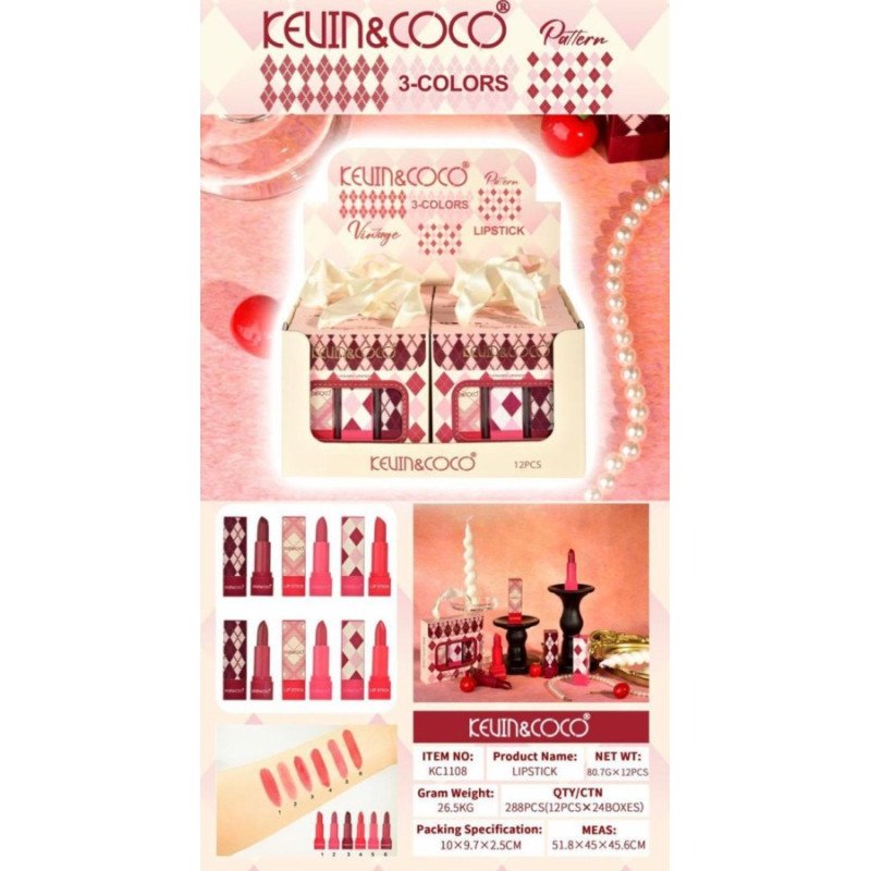COFFRET 3 ROUGES À LÈVRES COULEURS (2,5€ UNITÉ) PACK 12 KEVIN COCO