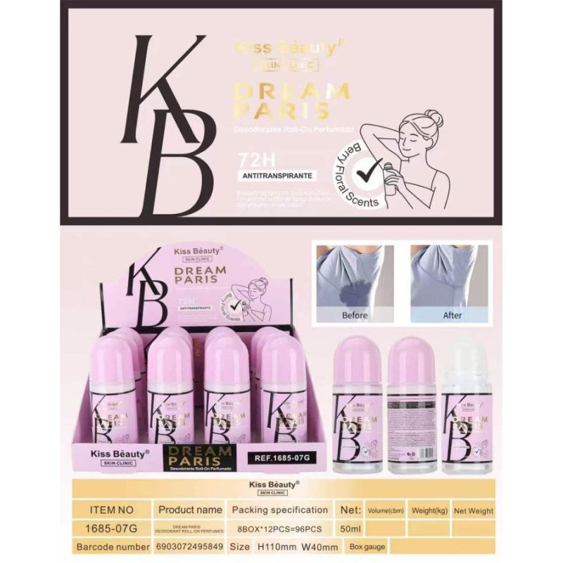 DREAM PARIS 72H ROLL-ON DEODORANT 50ML.(€1.50 UNIT) PACK 12 KISS BEAUTY
