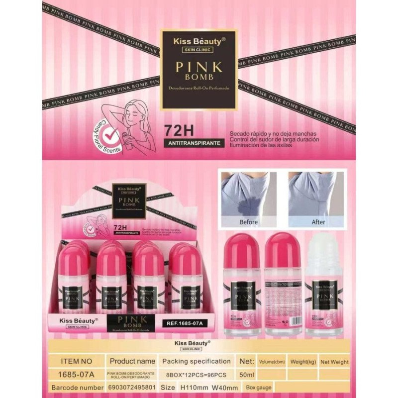 DESODORANTE ROLL-ON PINK BOMB 72H 50ML.(1.50€ UNIDAD) PACK 12 KISS BEAUTY