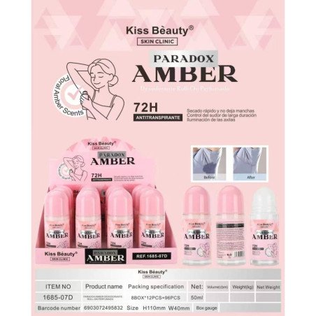 PARADOX AMBER 72H ROLL-ON DEODORANT 50ML.(€1.50 UNIT) PACK 12 KISS BEAUTY