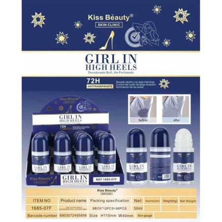 GIRL IN HIGH HEELS ROLL-ON DEODORANT 72H 50ML.(€1.50 UNIT) PACK 12 KISS BEAUTY