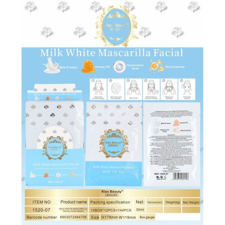 MASQUE VISAGE BLANC AU LAIT 30ML. (0,59 € UNITÉ) PACK 12 KISS BEAUTY