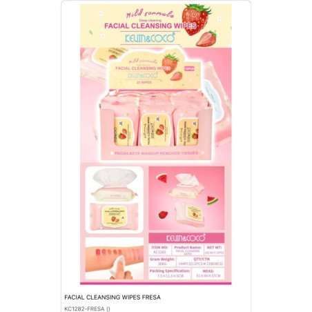 STRAWBERRY MAKEUP REMOVING CLEANSING WIPES (€1.25 SET) PACK 12 KEVIN COCO