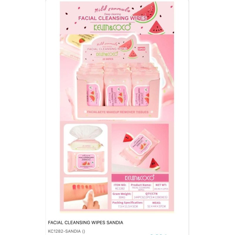 TOALLITAS LIMPIADORAS DESMAQUILLANTES WATERMELON(1.25€ SET) PACK 12 KEVIN COCO