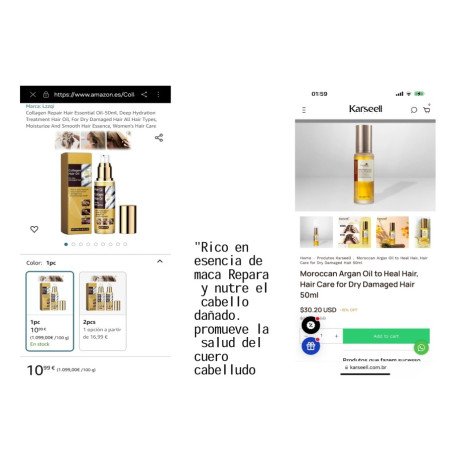 ÓLEO CAPILAR DE COLÁGENO PARA CABELOS SECOS E DANIFICADOS 50ML. EELHOE