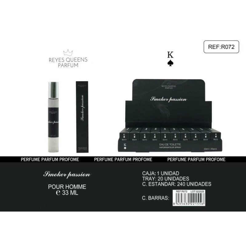 EAU DE TOILETTE SMOKER PASSION POUR HOMME 33ML. (1,39€ UNITÉ) PACK 20 ROIS REINES