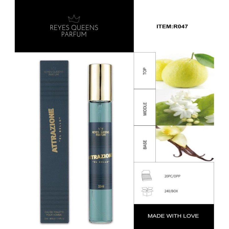 EAU DE TOILETTE ATTRAZIONE POUR HOMME 33ML.(€1.45 UNIT) PACK 20 KINGS QUEENS