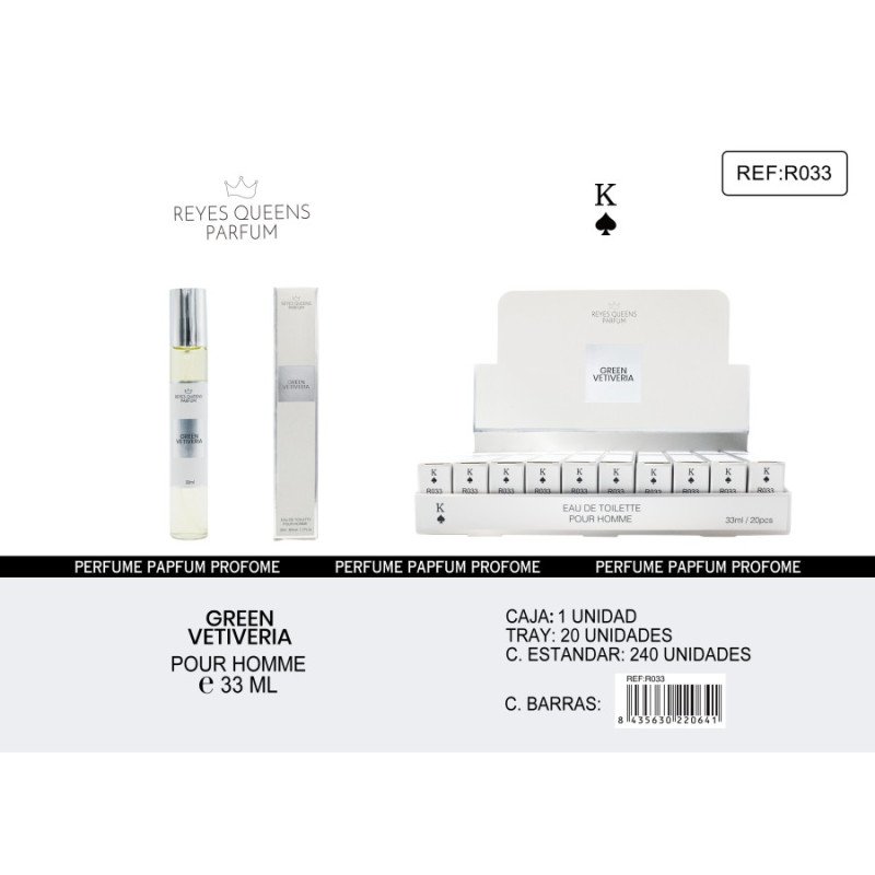 EAU DE TOILETTE GREEN VERITERIA POUR HOMME 33ML.(€1.39 UNIT) PACK 20 KINGS QUEENS