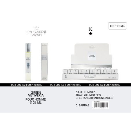 EAU DE TOILETTE GREEN VERITERIA POUR HOMME 33ML.(€1,39 UNIDADE) PACK 20 KINGS QUEENS